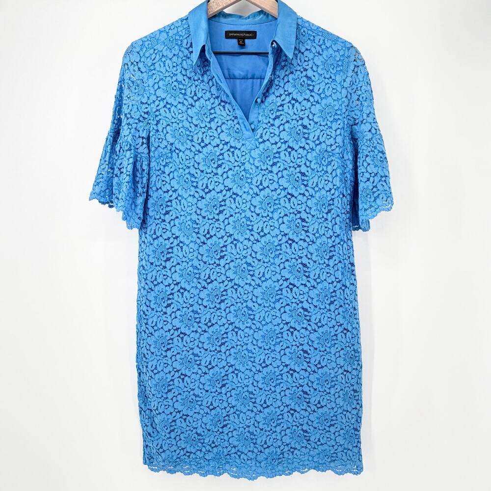 Banana Republic M Petite Blue Lace Flutter Sleeve Polo Shift Dress Pockets EUC